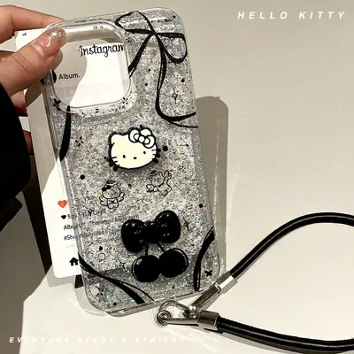 Hello Kitty Glitter Black Bow iPhone 16 Case with Leather Strap