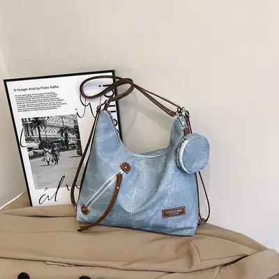 Light Blue Korean Style Shoulder Crossbody Tote Bag for Women