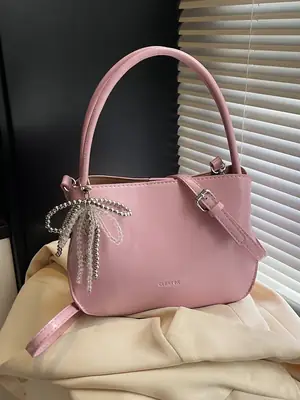 Pink Korean Handheld Bucket Bag with Crystal Bow