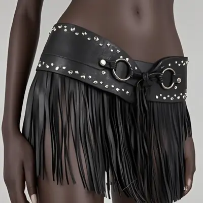 Black Fringe Belt Skirt with Rivets and Tassels