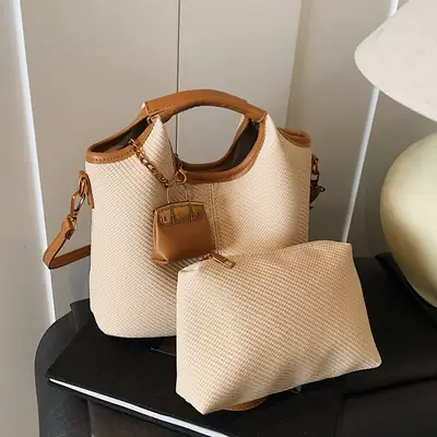 Women's 2-Piece Korean Style Bucket Bag Set Beige