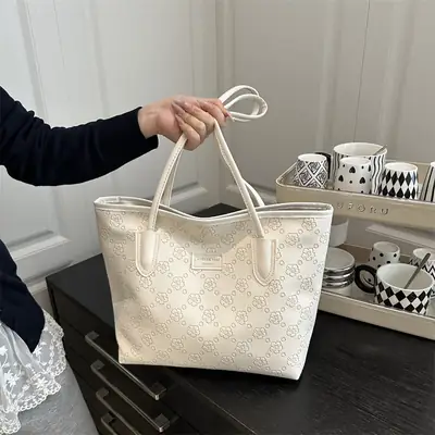 Women's Large Capacity Embroidered Tote Bag White