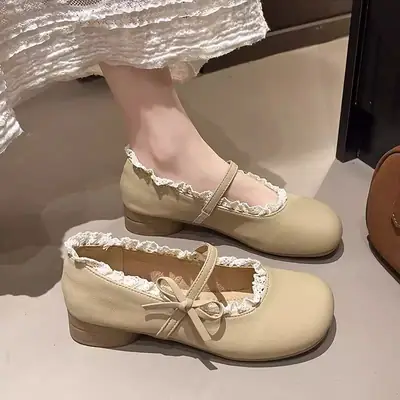 French Style Mary Jane Shoes Cream Chunky Heel Women
