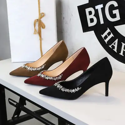 1926-A1 European and American Pointed Suede High Heels Rhinestone Shallow Stiletto Heel Shoes Women's Banquet Elegant Women's Shoes Spring and Autumn