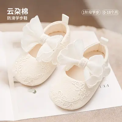 25 New Baby Shoes Spring and Autumn Baby Soft Sole Toddler Shoes Non-Slip White Bow Women's Floor Children's Shoes