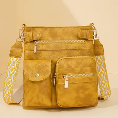 Women's Yellow PU Leather Crossbody Bag with Embroidered Strap