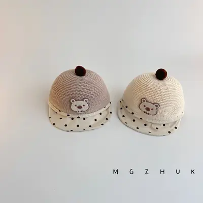 Baby's Straw Hat with Bear Design Wave Dot Ball