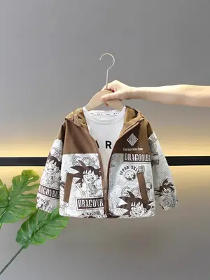 Boys Hooded Trench Coat Brown White Graphic 2025