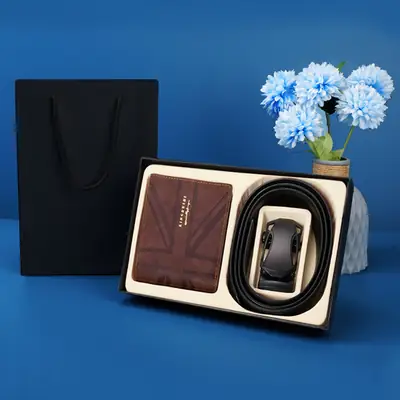 Men's Brown Leather Belt Wallet with Automatic Buckle