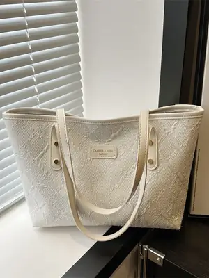 Women's Large Capacity Embossed Tote Bag Beige