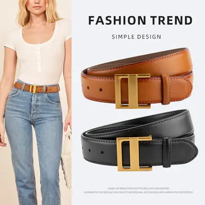 Women's Genuine Leather Waist Belt Coffee Gold Buckle