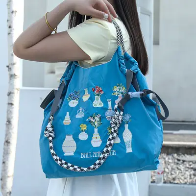 Blue Floral Embroidered Shoulder Bag for Women