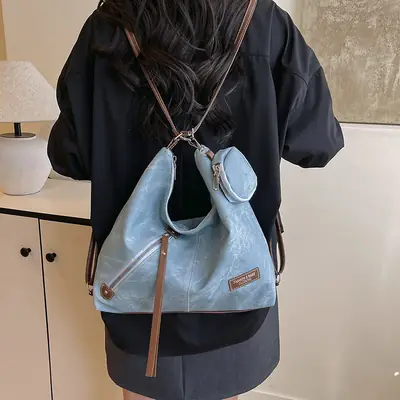 Blue Leather Strap Women's Shoulder Bag