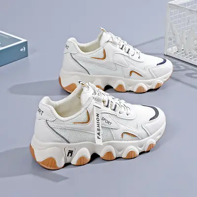 2025 Women's Black White Mesh Running Sneakers with Thick Sole