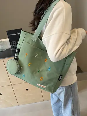 Women Embroidered Canvas Shoulder Bag Green New Fashion