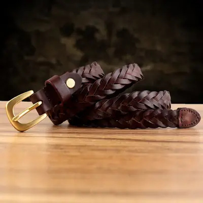 Braided Leather Belt with Vintage Pin Buckle for Women