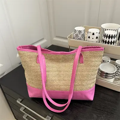 Women Straw Tote Bag Pink 2025 Spring Summer