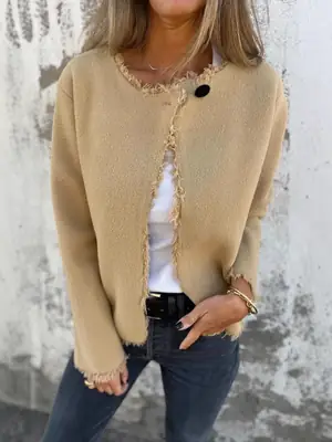 Women Woolen Crewneck Jacket Beige Long Sleeve
