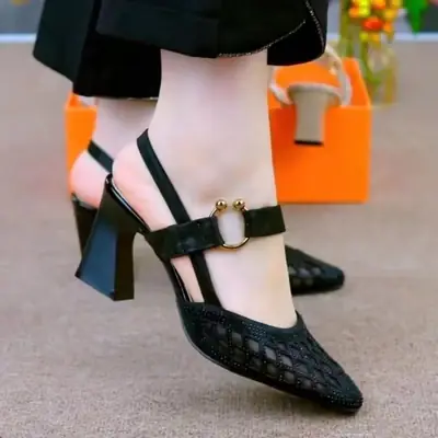Women's Mesh Breathable High-Heeled Sandals Baotou 2025 New Summer Medium-Heeled Thick-Heeled Pointed-Toe Buckle Flats