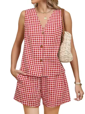2025 Pink Checkered Sleeveless Suit Vest Top Pocket Shorts