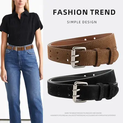 Frosted Suede Women's Belt Double Row Holes Brown