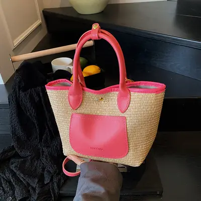 Korean Style Pink Straw Bucket Bag 2025