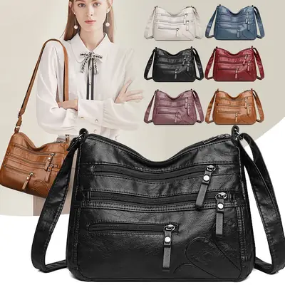 New Soft Leather Multi-Compartment Shoulder Bag Black