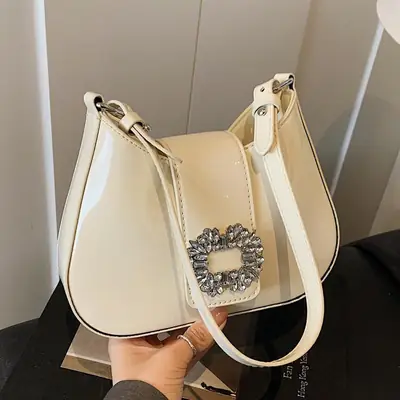 Women's Creamy Texture Shoulder Bag with Crystal Flower Decor