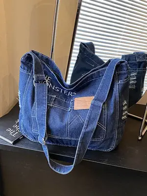 Denim Canvas Shoulder Crossbody Bag with Zip