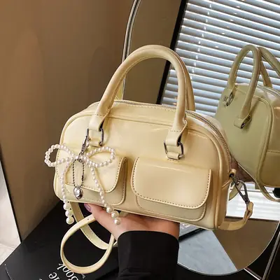 Women's Beige Pearl Bow Shoulder Bag with 2 Pockets
