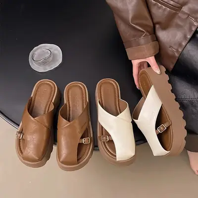Women Retro Peep Toe Wedge Sandals Brown White 2025