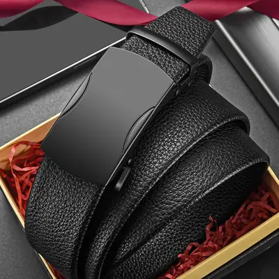 Men's Black Leather Belt with Automatic Buckle