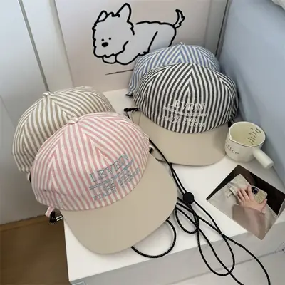 Korean Designer Striped Baseball Cap Girl's Summer Sunshade Flat Rim Duck Tongue Hat