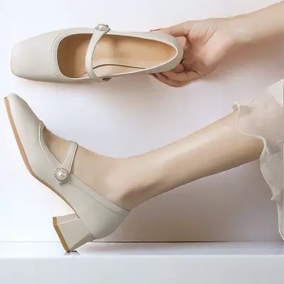 Mary Jane Chunky Heel Shoes White Square Toe