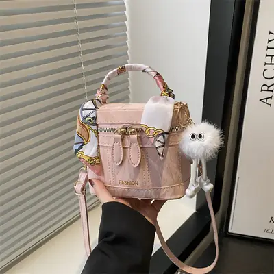 Pink Textured Crossbody Bag for Women with Pom Pom