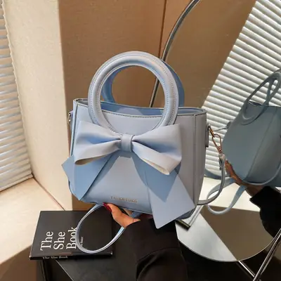 Light Blue Bow Tote Bag for Women Large Capacity Shoulder Bag