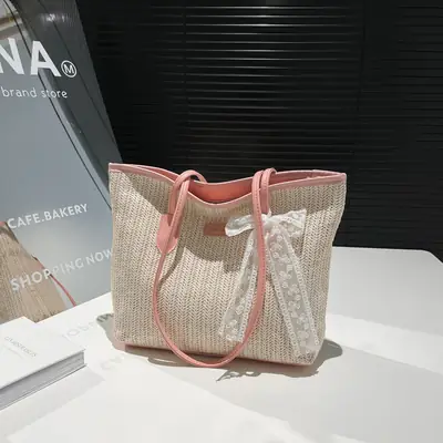 Women Straw Woven Handbag Large Capacity Peach Handle