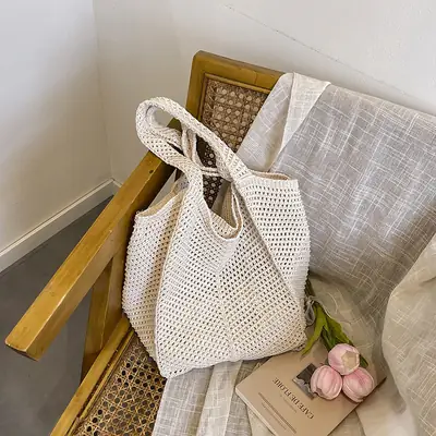 Women Knitted Hollow Shoulder Bag Large Capacity Casual Tote