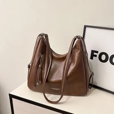 Women's Brown Leather Shoulder Bag with Detachable Strap