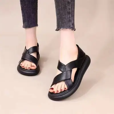 Women's Black Leather Slip-on Sandals with Thick Heel