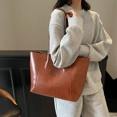 Large Capacity Tan Leather Tote Bag for Women