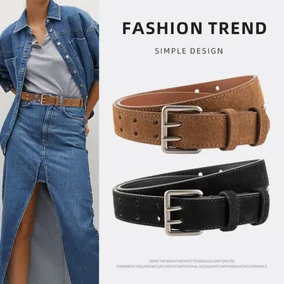 Women's Brown Leather Belt with Double Row Hole & Alloy Button