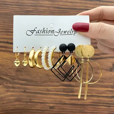 Retro Imitation Earrings Set 5 Pairs Gold Black