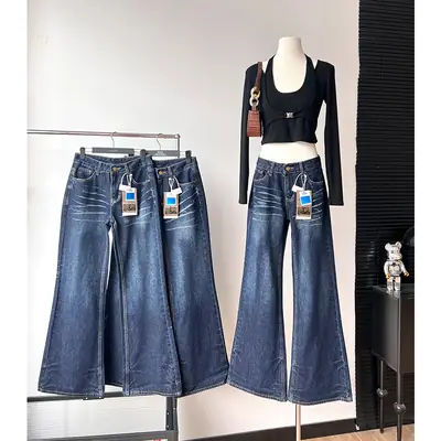 Dark Blue Cat Pattern Wide Leg Jeans for Women