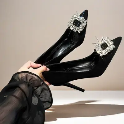 Black Rhinestone Pointed Toe Stiletto Heels for Women