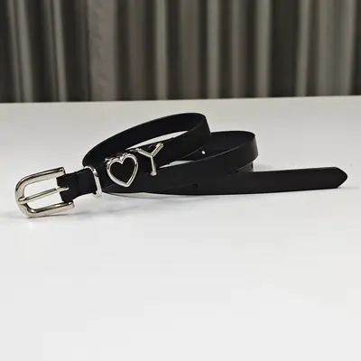 Black Leather Belt with Letter Buckle for Women