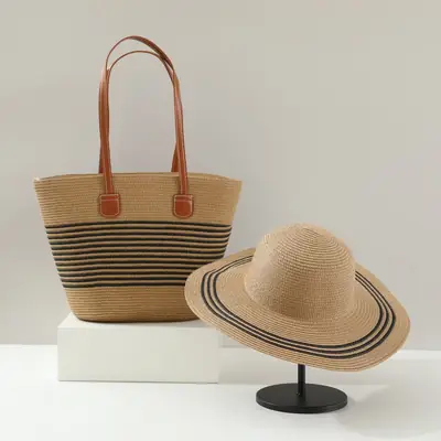 Women Straw Tote Bag & Hat Set Summer Travel