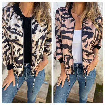 Women's Bomber Jacket Black White Print Zipper Autumn Wear
