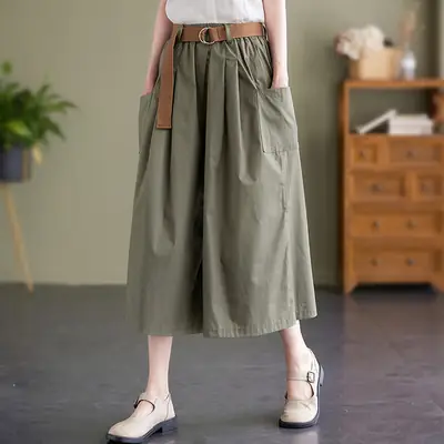 Real Shot 2025 Summer Casual Pure Cotton Cropped Wide-leg Pants