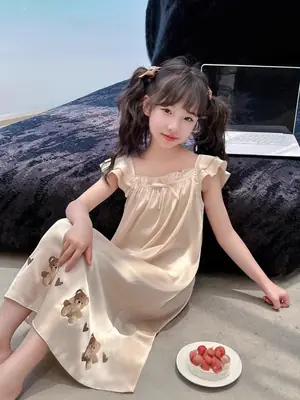 Girls' Nightgown Summer New Korean Style Suspender Dress for Girls, Ice Silk Outerwear for Older Children, Cute Children's Sleepwear Dress